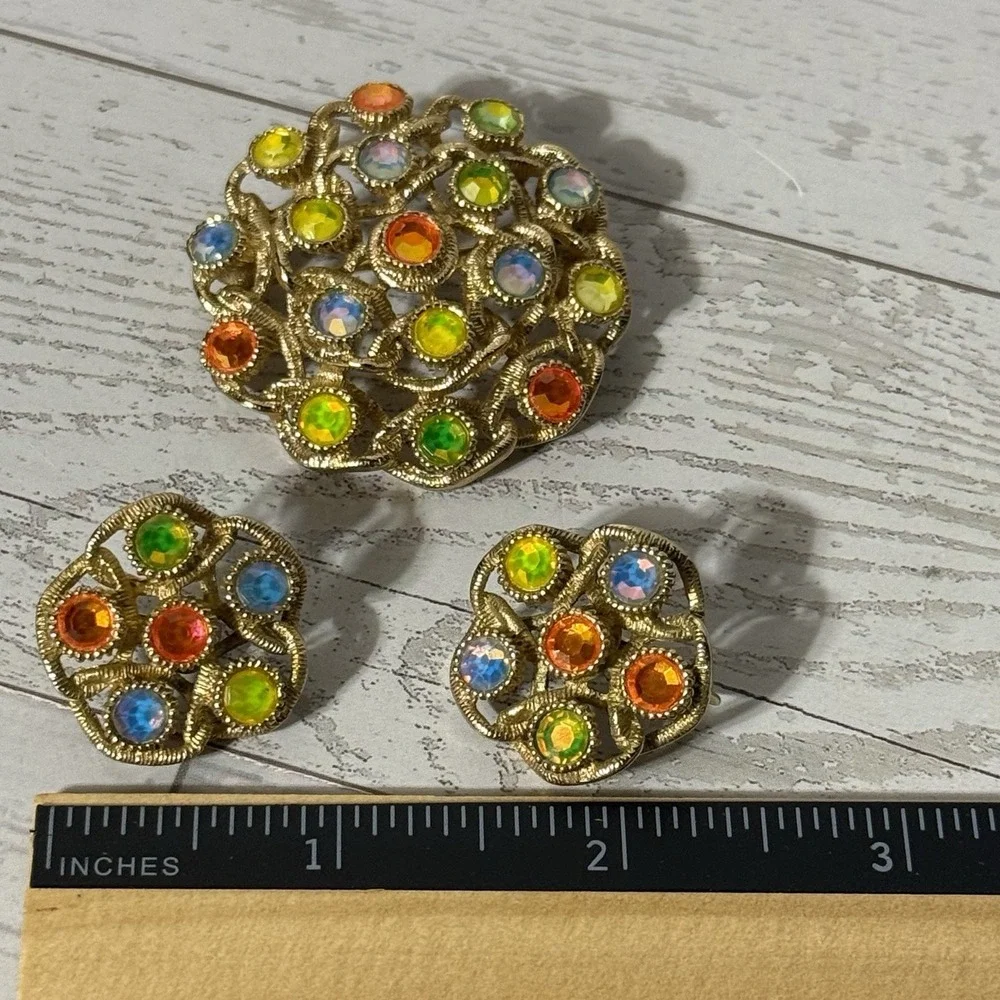 VTG SARAH COVENTRY Moon Lite Iridescent Rhinestone Brooch & Earrings Set UV Glow
